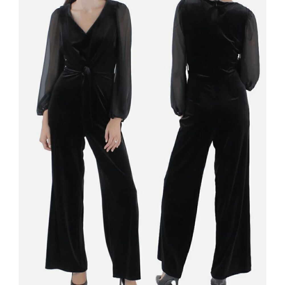 CeCe Women's Black Velvet Long-Sleeve Tie-Waist V-Neck Jumpsuit S